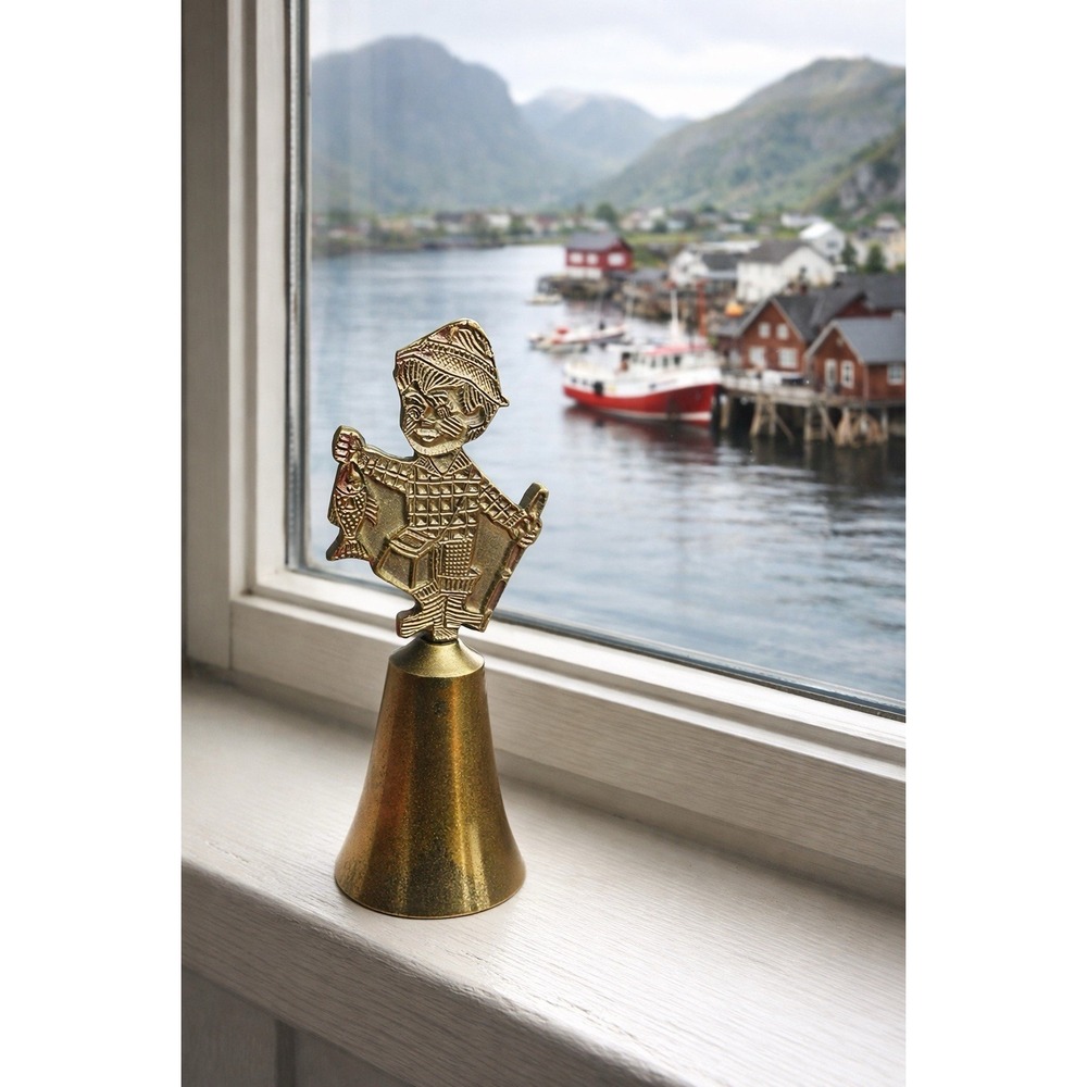 Vintage Sarna India Brass Bell Fishing Boy Figure 5" 1970s. Dinner Bell W Handle